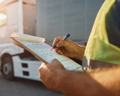 Close up of cargo dispatcher writing on clipboard on truck parking lot.